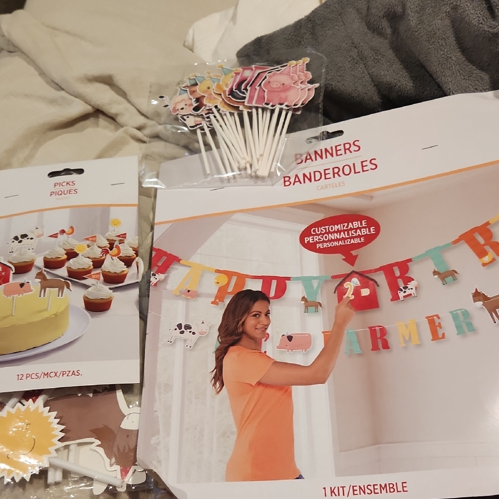 Farm Animal Party Banner and Cupcake Picks Set